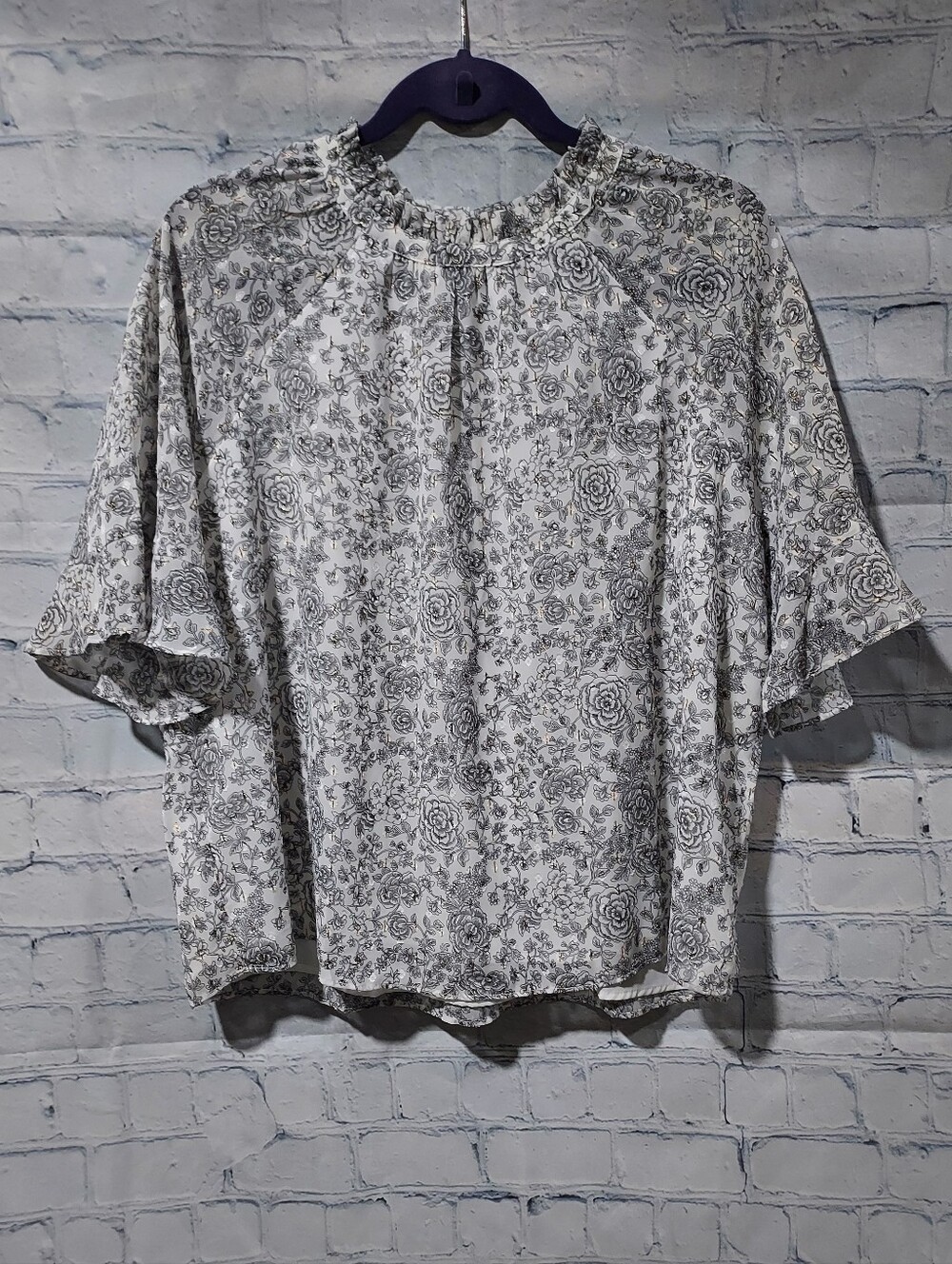 Cottagecore Floral L Top Ruffle Neck Sheer Sleeve Delicate Prairie Romantic Gold